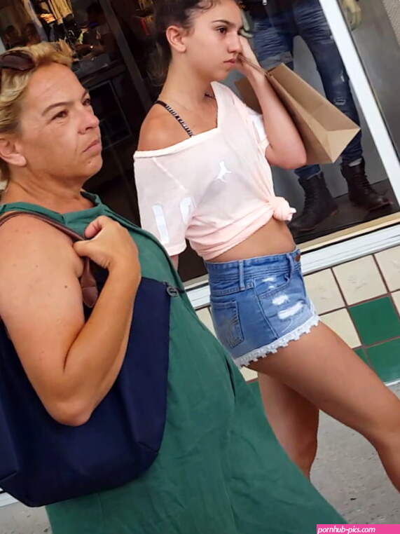 Candid voyeur tight teen body booty shorts with mom mall