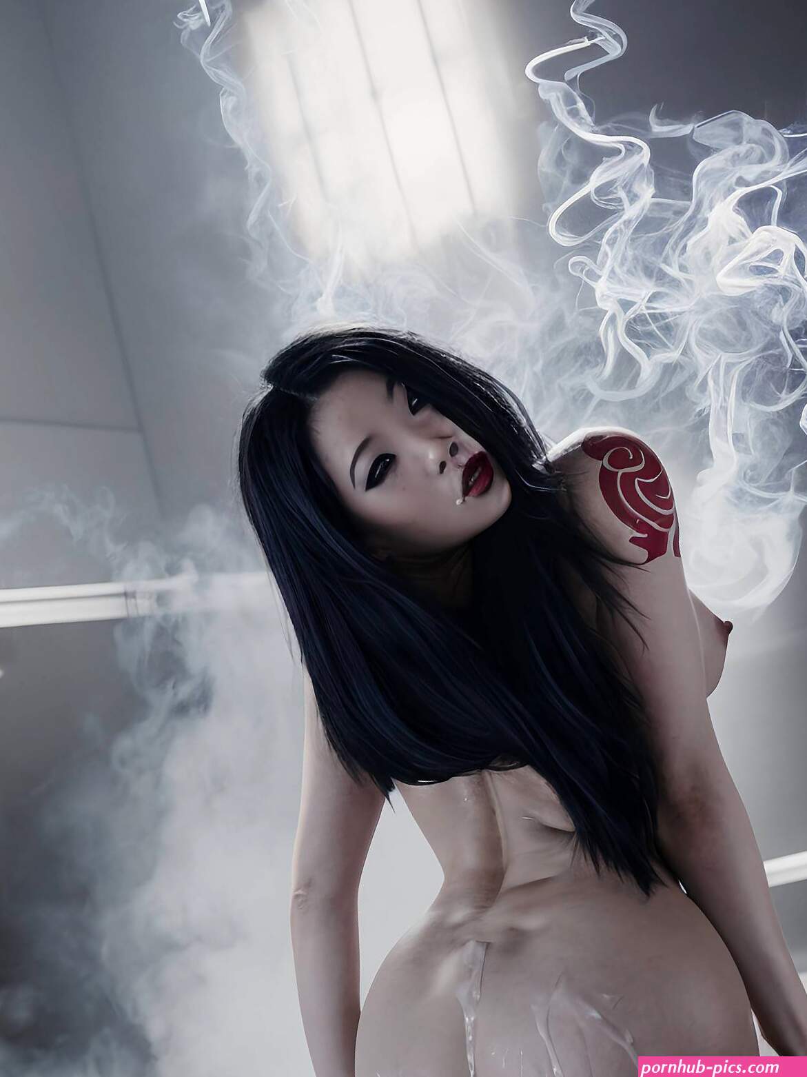 Porn image of ahegao dark fantasy nipples woman gigantic boobs smoking spreading ass created by AI