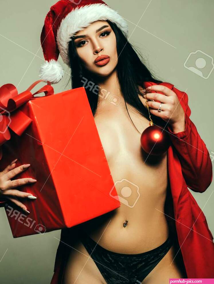 Red Christmas Gift Box With Boobs. Sexy Boobs And New Year Party. Naked Woman. Lingerie Concept. Topless Santa Woman. Erotic Lingerie For New Year. Sensual Pretty Girl With Hot Tits. Stock Photo