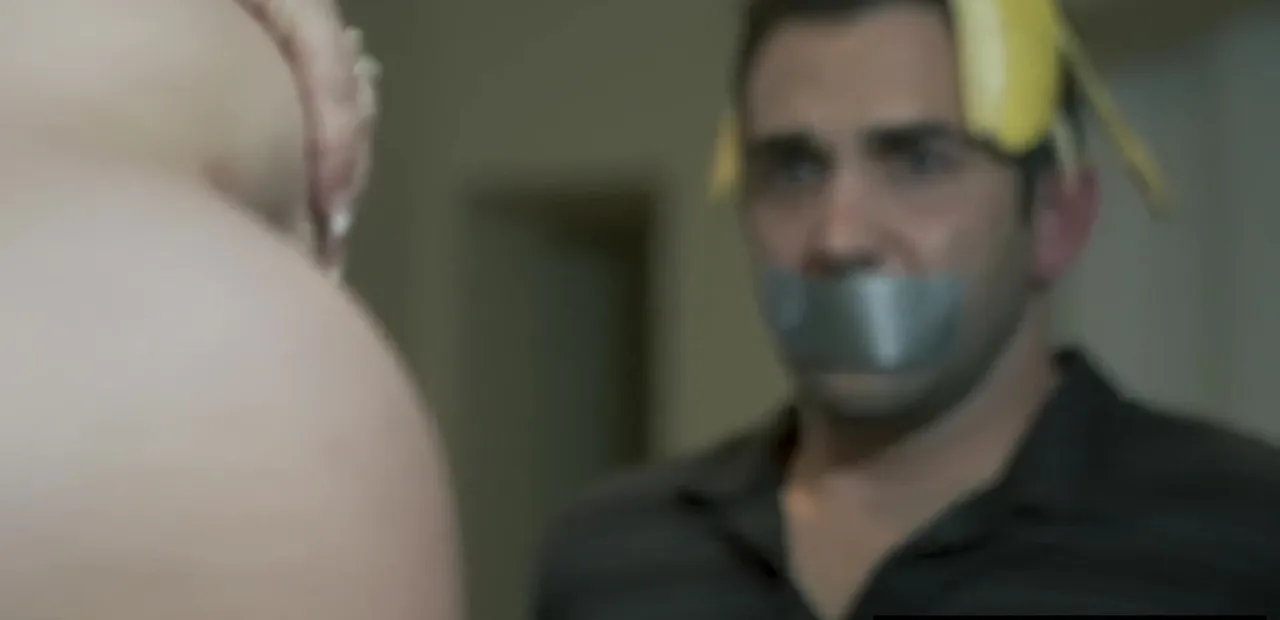 Burglar bangs slutty blonde wife in front her tied up husband in a home invasion cuckolding