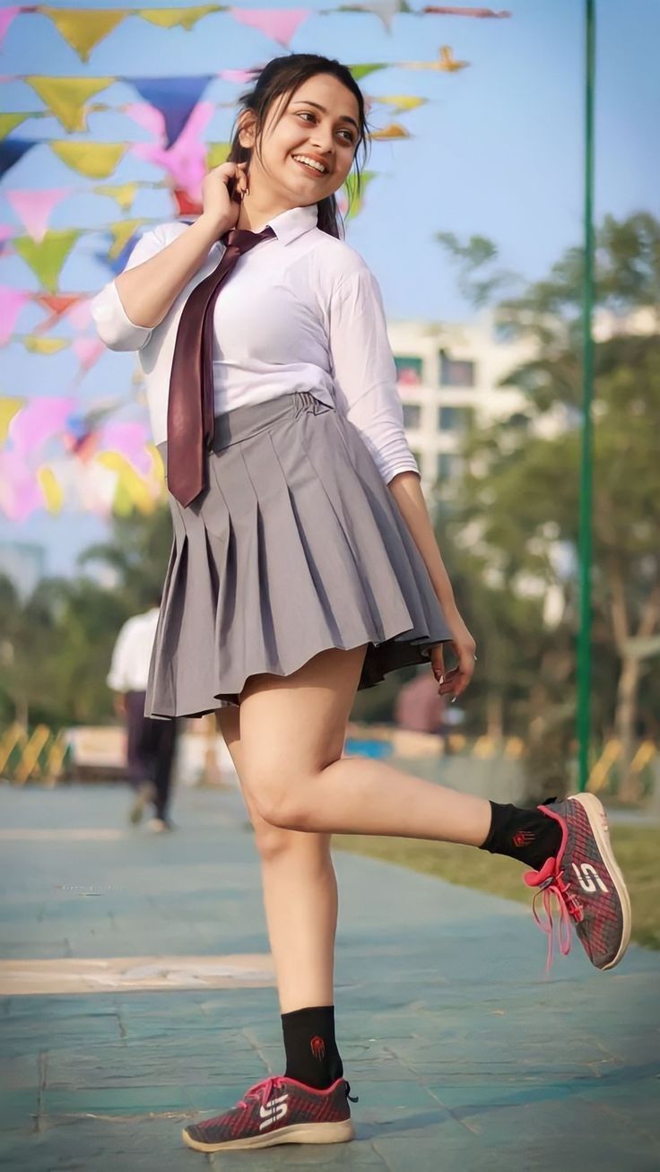 Sexy girl in school dress outfit with milky thighs