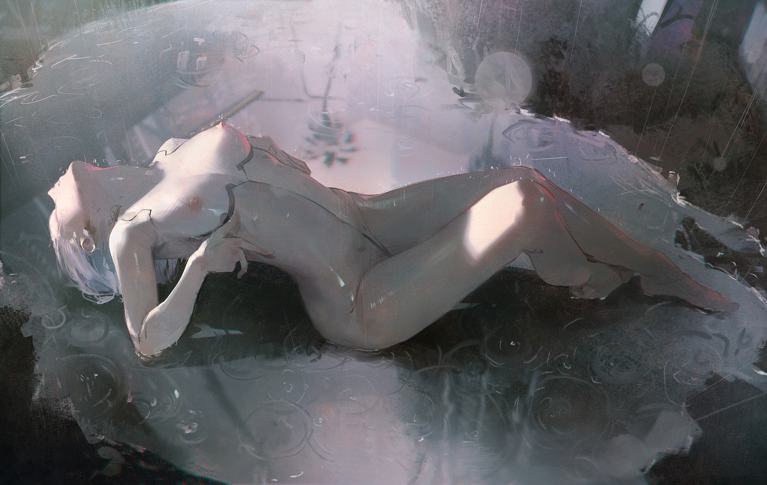 barefoot breasts cyberpunk 2077 cyberpunk: edgerunners dino dinoartforame lucy cyberpunk navel nipples nude rain reflection short hair sketch techgirl water white hair