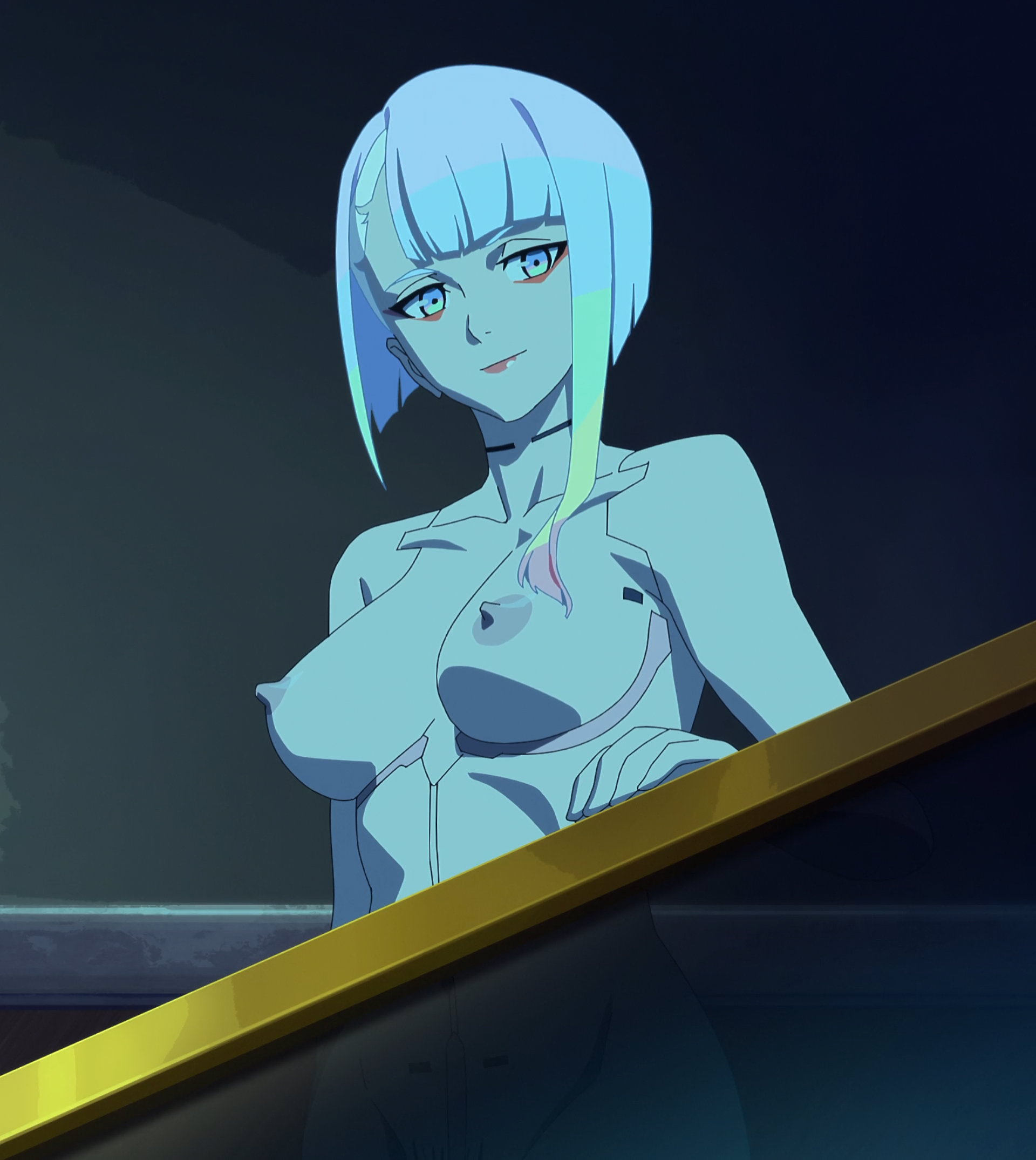 lucy cyberpunk cyberpunk series cyberpunk 2077 cyberpunk edgerunners anime screenshot highres stitched third-party edit 1girl breasts medium breasts nipples nude short hair solo