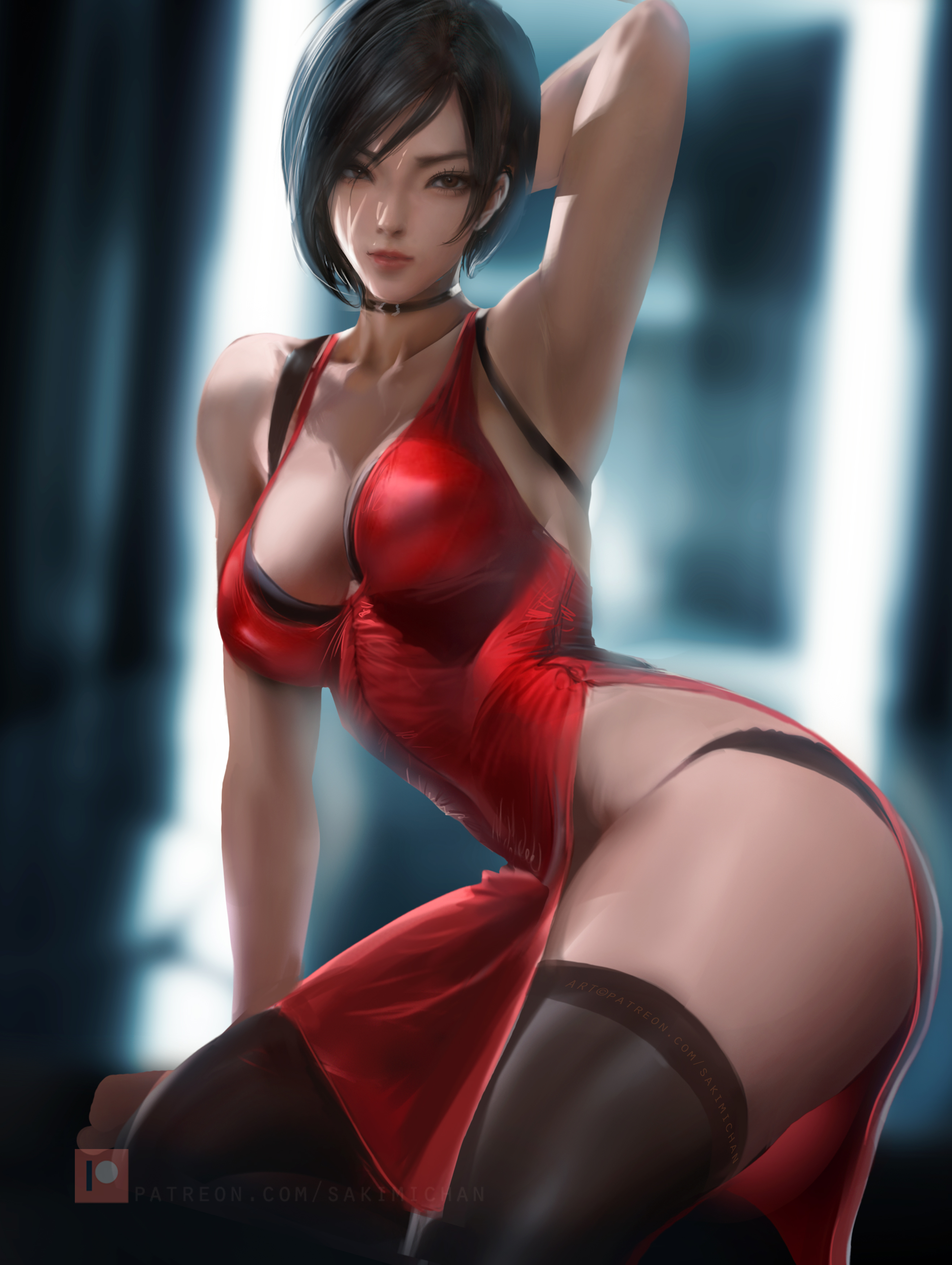 Ada Wong women short hair video game girls video game characters looking at viewer cleavage big boobs sensual gaze Sakimichan Resident Evil Resident Evil 2 black hair video game heroes brown eyes