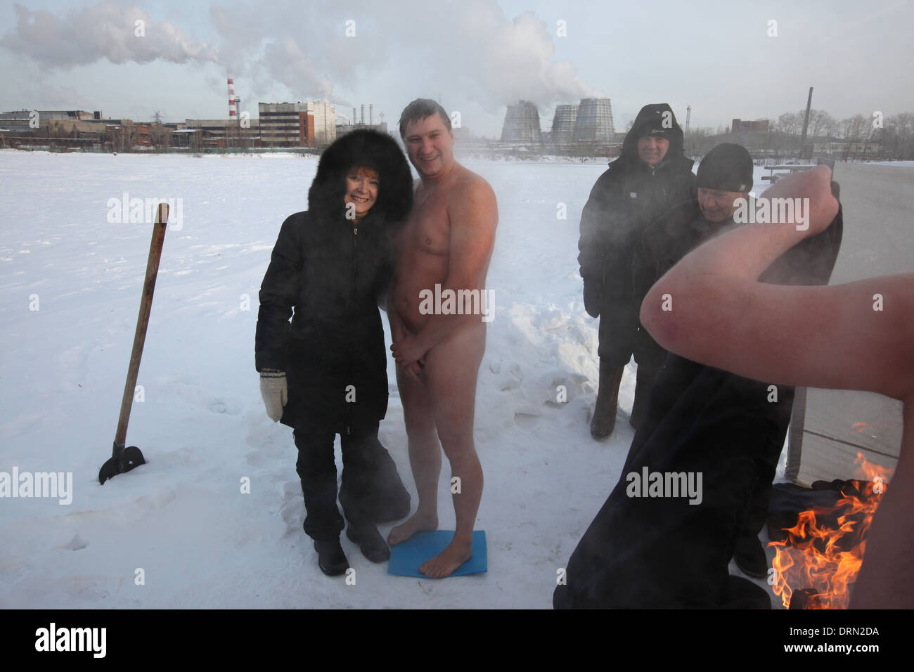 Winter swimming at the temperature of approx. minus 20C after swimming in the Verkh-Isetsky Pond in Yekaterinburg Russia Stock Photo
