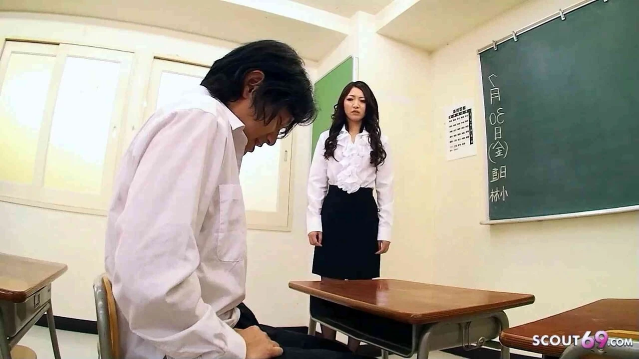 Boy Caught Jerk by Japanese Mature Teacher and get His First Sex in Her Hairy Pussy