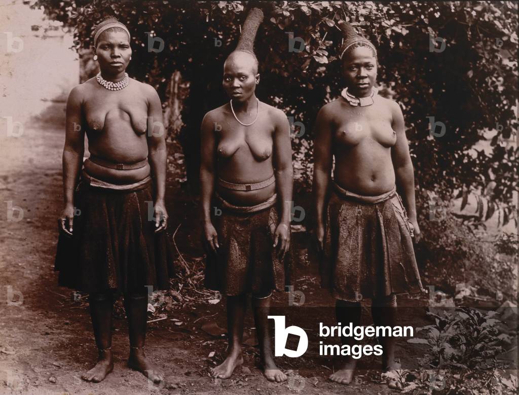 Image of Three Topless Zulu Women Standing in Row Portrait Africa 1890 by Unknown photographer 19th century