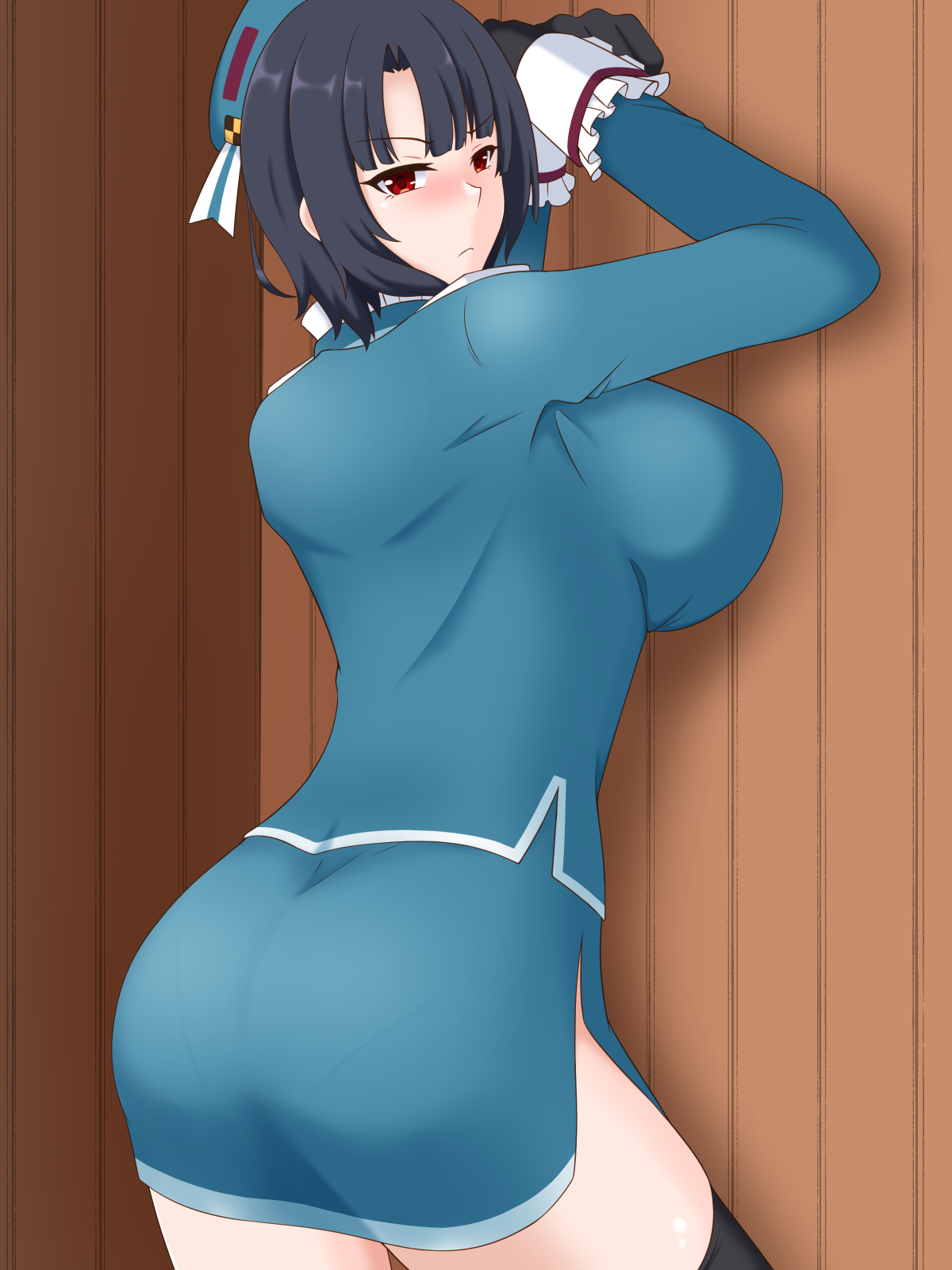 big boobs solo boobs huge breasts curvy shoulder length hair leaning ass anime anime girls Kantai Collection Takao KanColle black hair artwork digital art fan art embarrassed