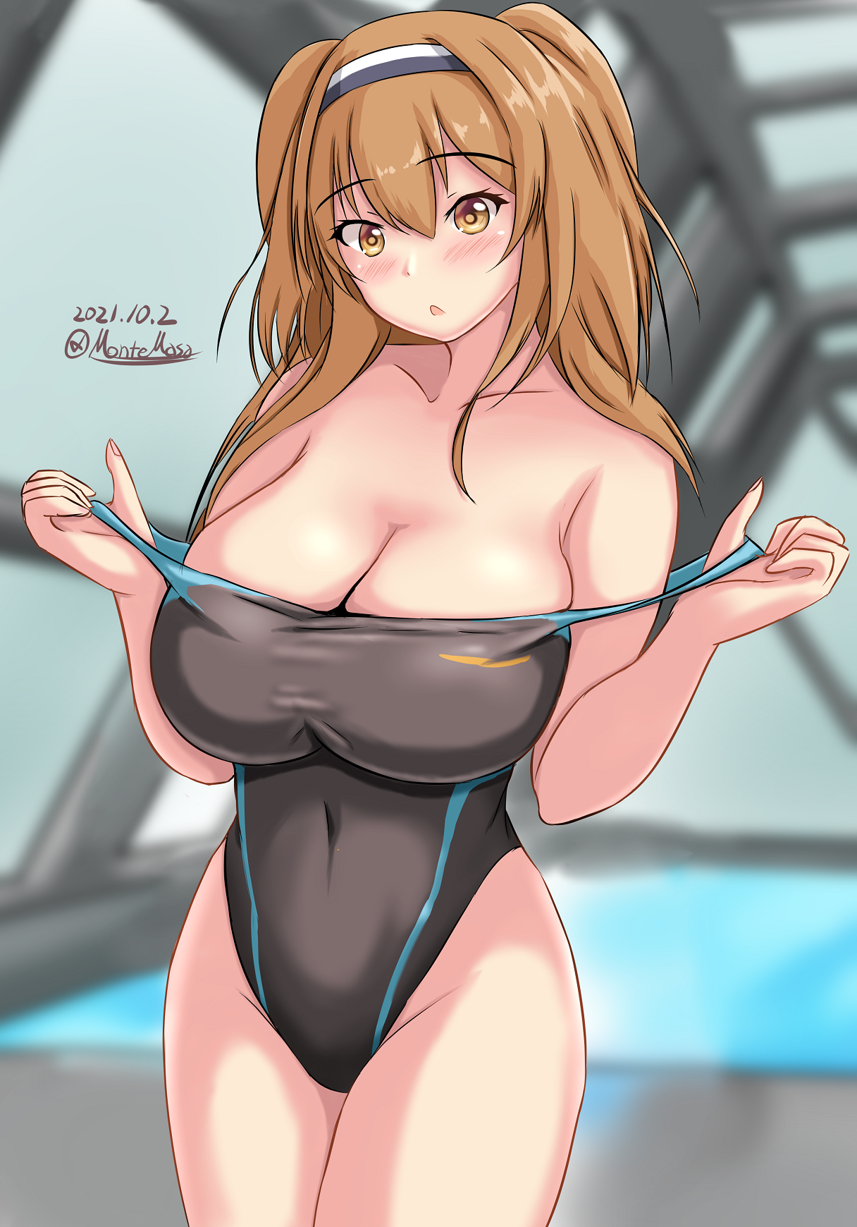 brunette solo big boobs anime anime girls Kantai Collection I-26 KanColle twintails artwork digital art fan art one-piece swimsuit