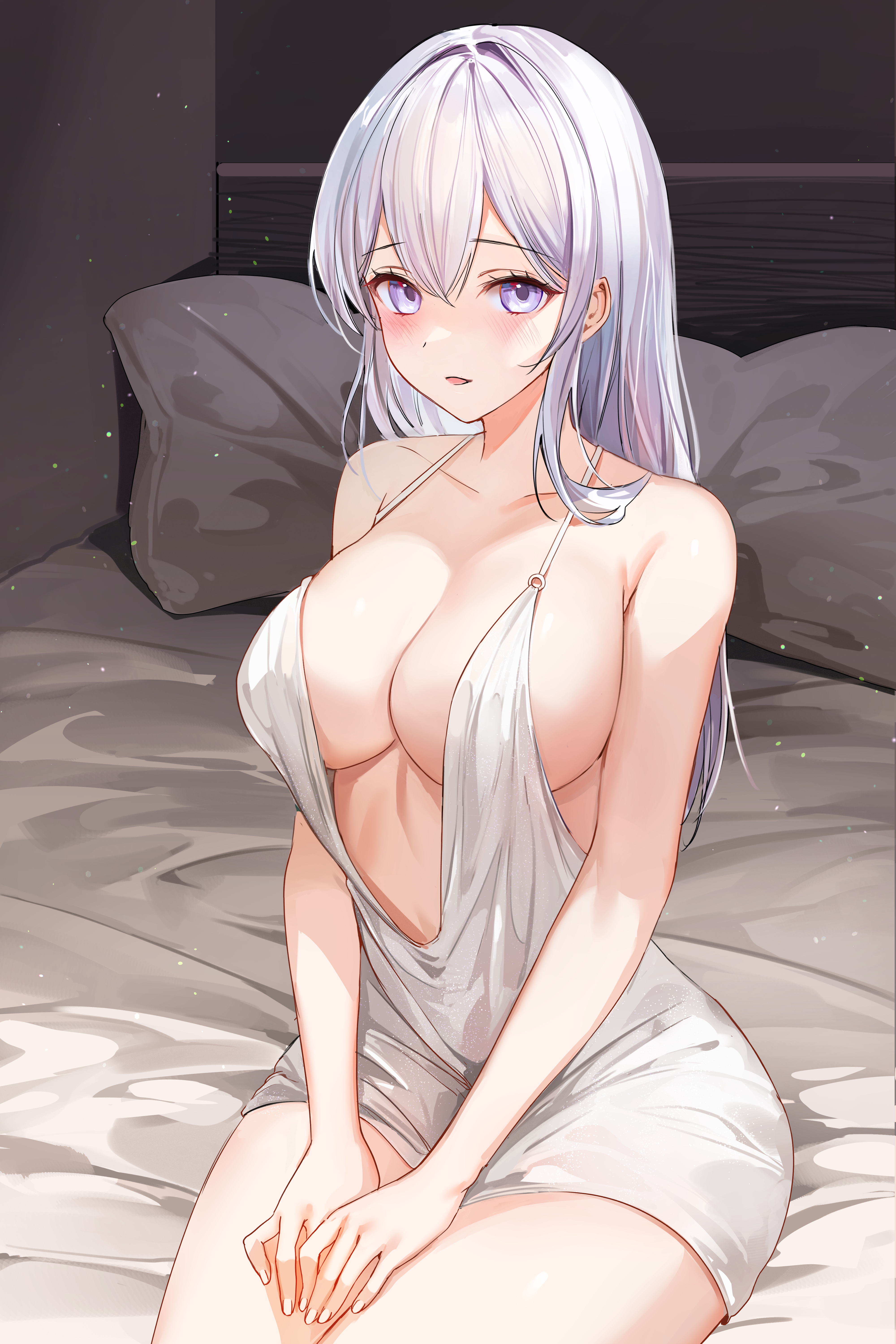 boobs big boobs curvy sitting long hair in bed women indoors looking at viewer cleavage solo lillly anime anime girls purple eyes dress silver hair