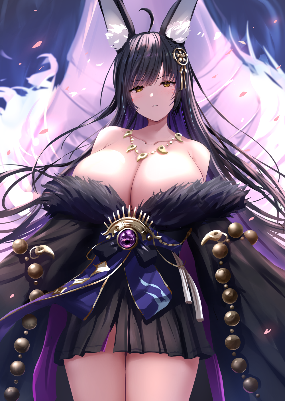 long hair big boobs solo fox girl fox ears fox tail cleavage huge breasts anime anime girls Azur Lane Musashi Azur Lane black hair artwork digital art fan art portrait display