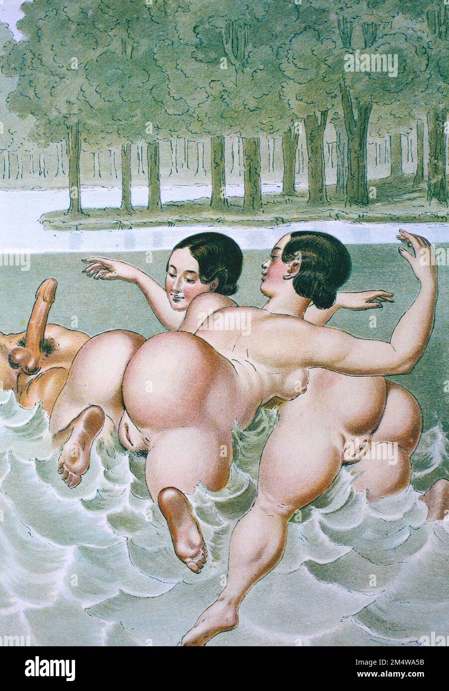 Erotische Szene aus der viktorianischen Zeit zwei Frauen spielen mit einem Penis im Badeteich nach einem Bild von Peter Fendi 1796-1842 aus der Reihe Genieet die Liebe Historisch digital restaurierte Reproduktion einer