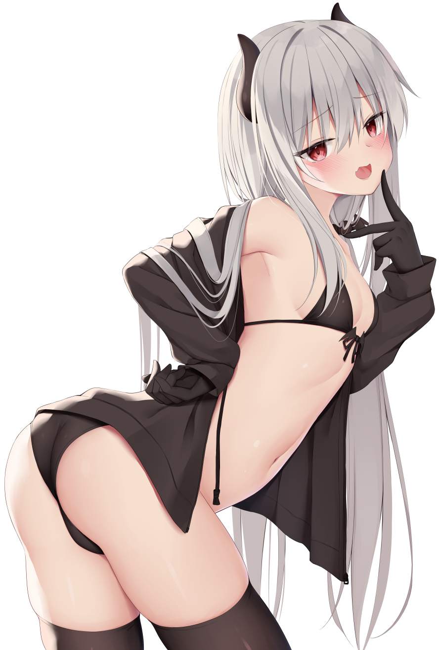 ass small boobs long hair red eyes belly kamu geeenius anime girls horns blushing silver hair open jacket thigh-highs bikini artwork