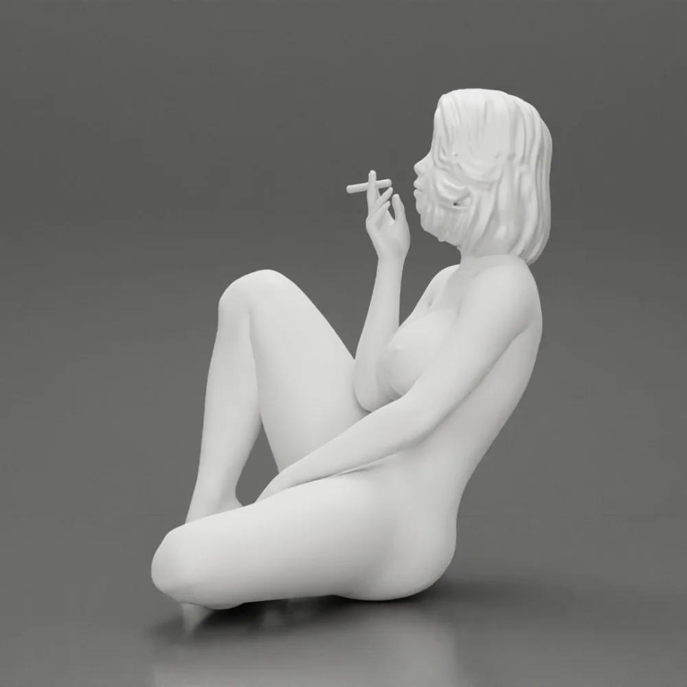 Naked girl sitting leaning against wall smoking cigarette
