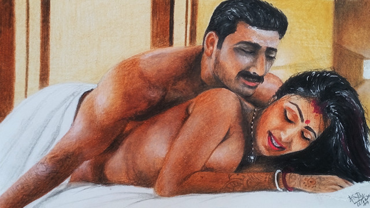 Erotic Art or Drawing of Sexy Indian Woman Enjoying first Night with Husband