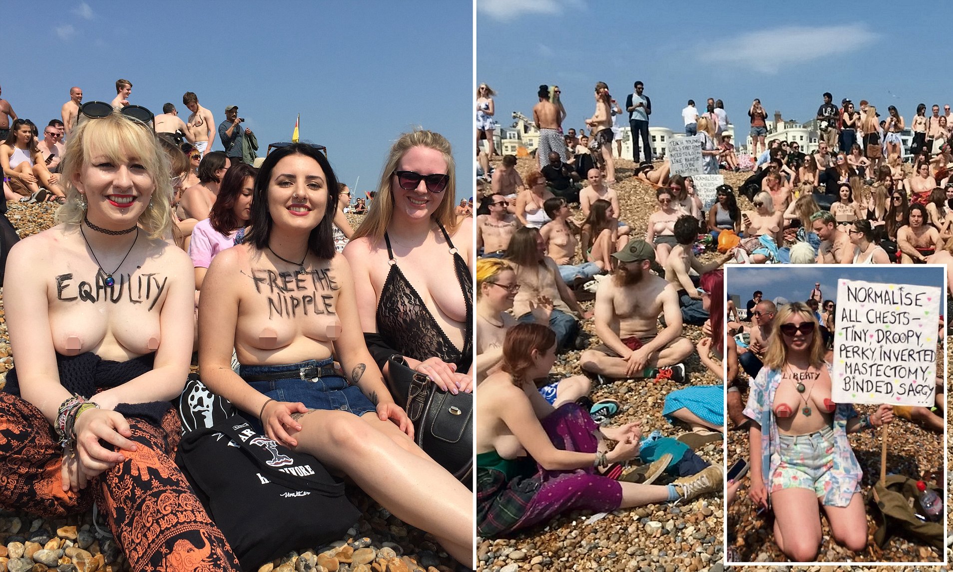 Hundreds strip off in a Free the Nipple protest on Brighton Beach