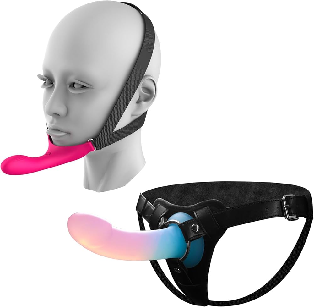 : Set of 2: Strap-On Face Chin Harness Vibrator Dildo with 10 Modes and Adjustable Leather Strap-On Harness with 7.1 Gradient Silicone Dildo