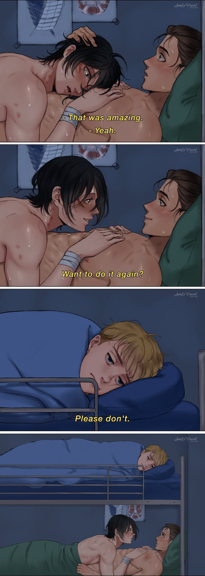 mikasa ackerman eren yeager armin arlert titan and colossal titan shingeki no kyojin and 1 more drawn by annluvazzel