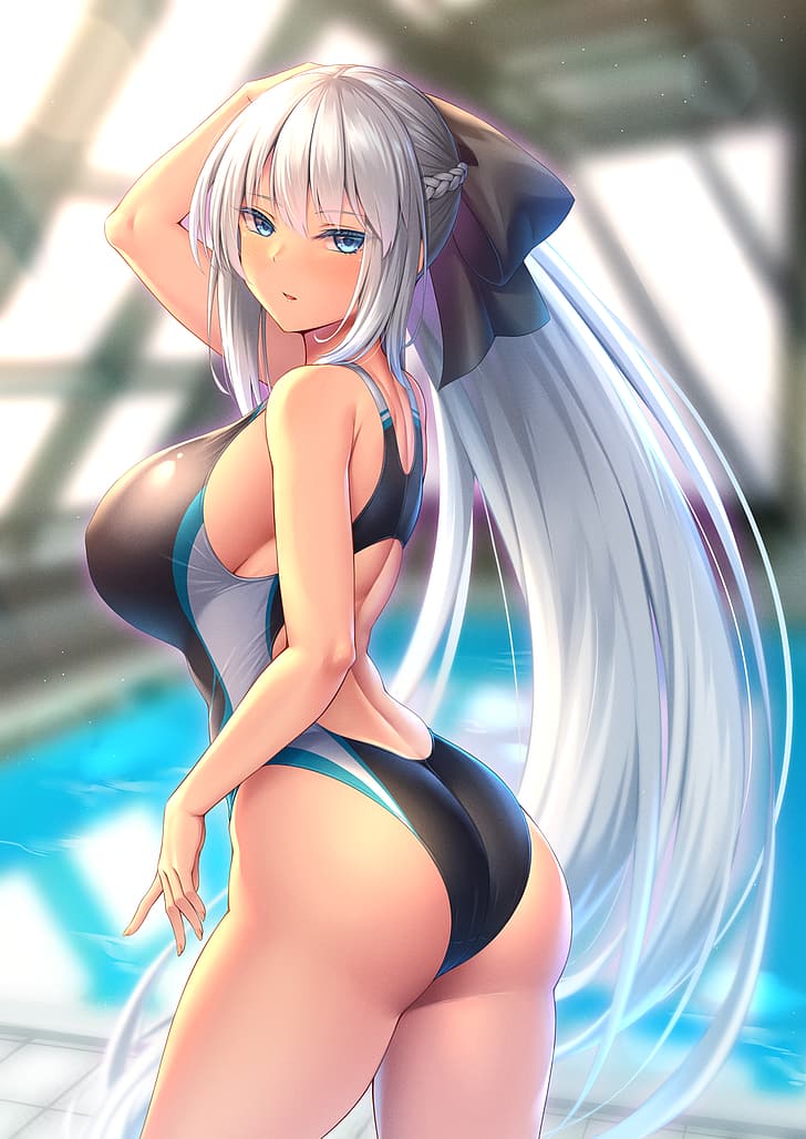 HD wallpaper: anime anime girls boobs big boobs swimwear ponytail white hair