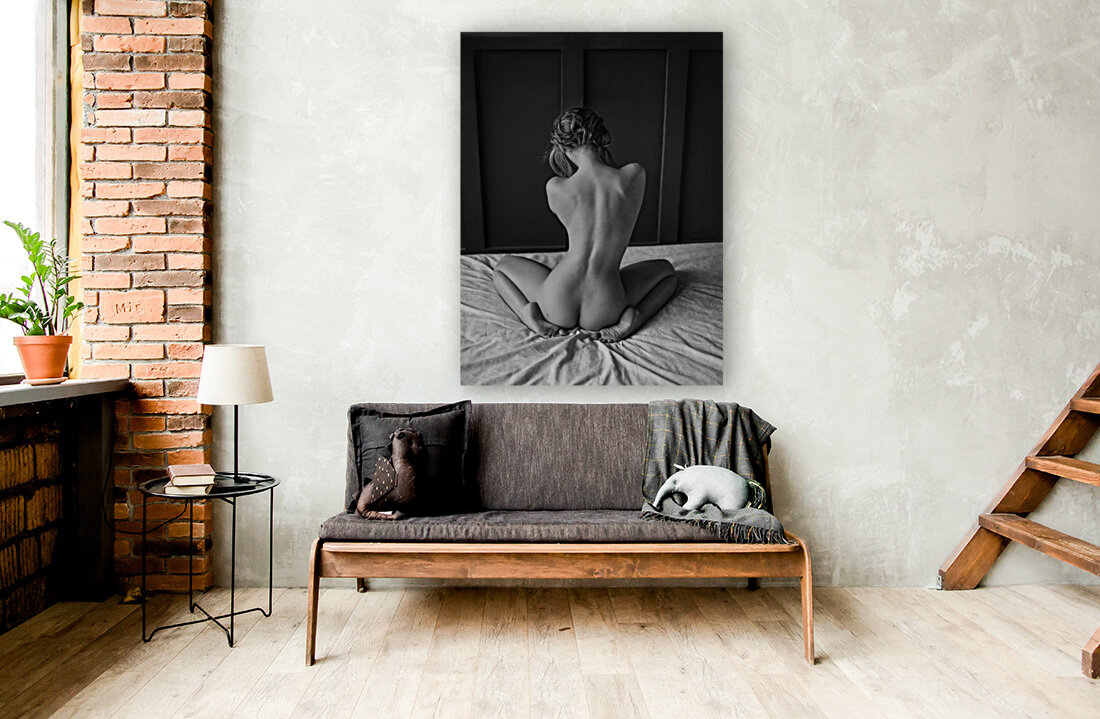 Wall Art print MXI31847: Black and white back of a woman sitting naked on a bed facing the wall by MaximImages Wall Art Wall Art