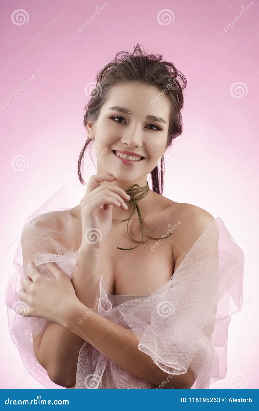 Beautiful Smiling Big Breast Asian Girl Wearing a Pink Veil on H Stock Image