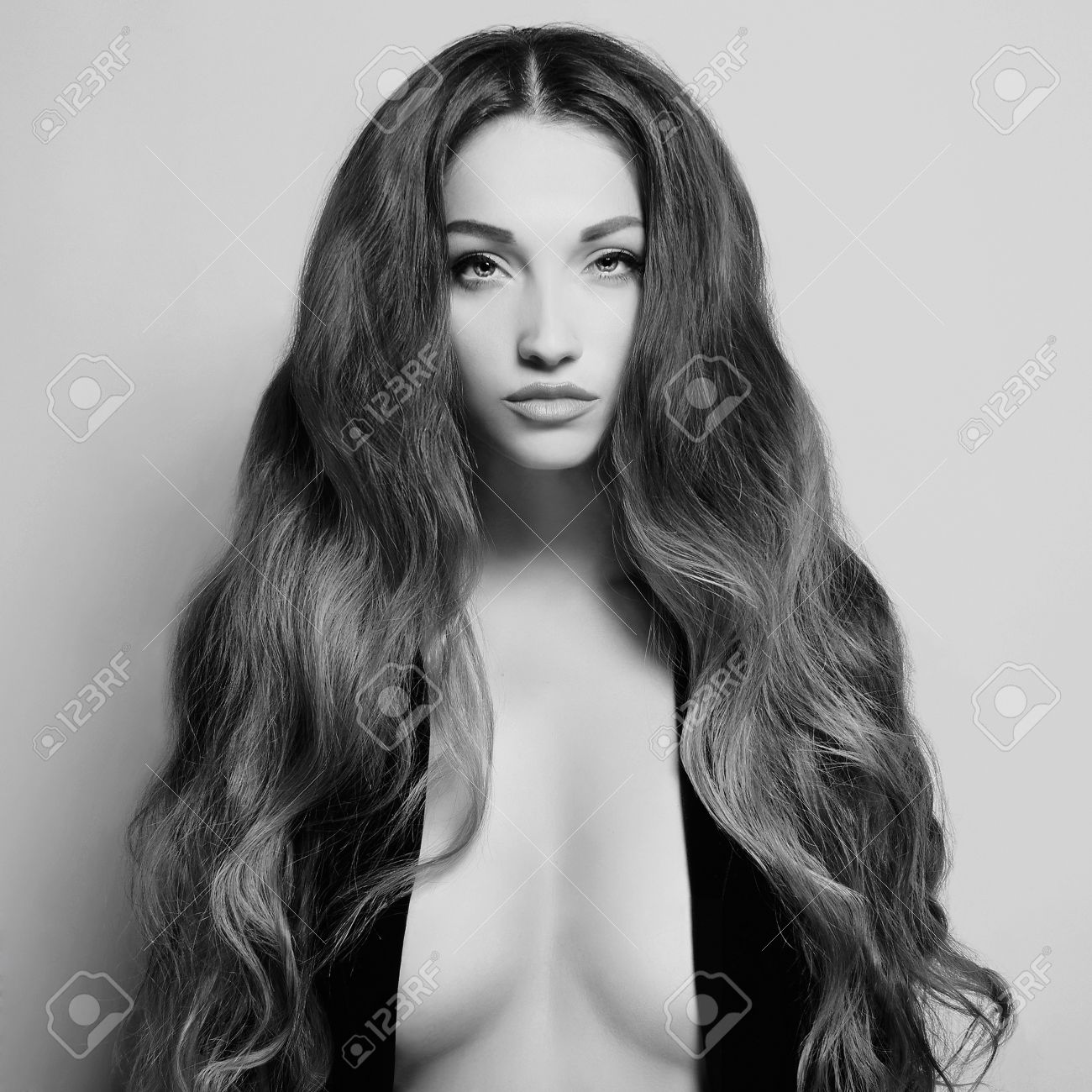 Attractive Topless Beautiful Woman.Monochrome Portrait Of Sexy Naked Girl With Big Breasts -. Image 55685906