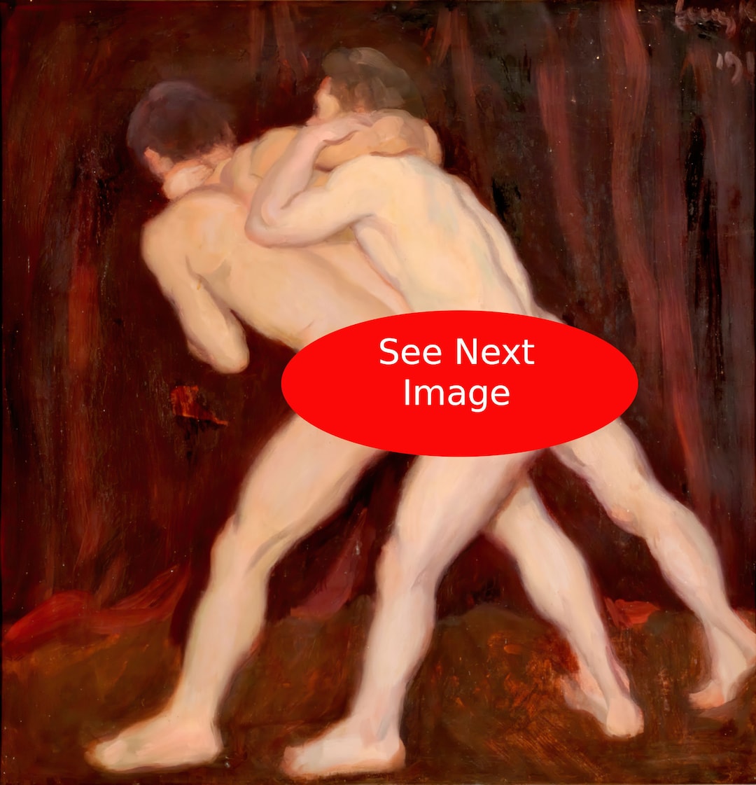 NAKED MEN WRESTLING Nudity Karoly Ferenczy Print Muscular Wrestlers Athletes Male Nude Gay Interest Oil Painting Art Mature