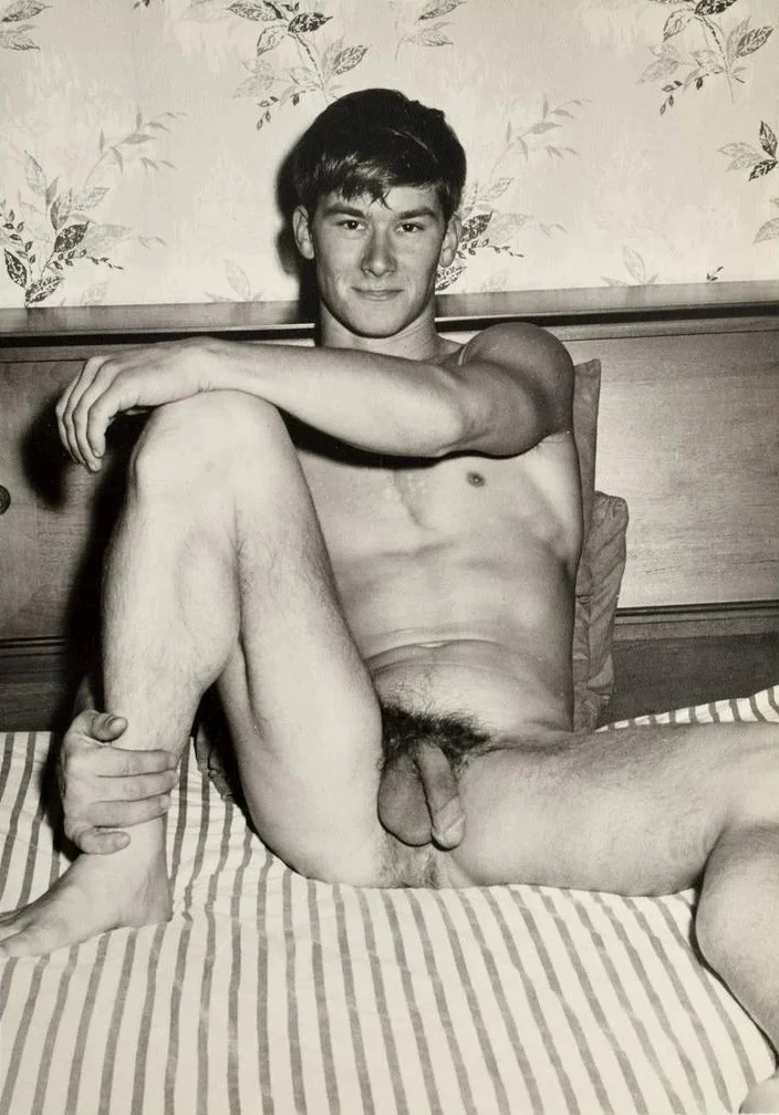 Bruce of LA Vintage Gay Nude Male Laying Back on Bed Leg Up