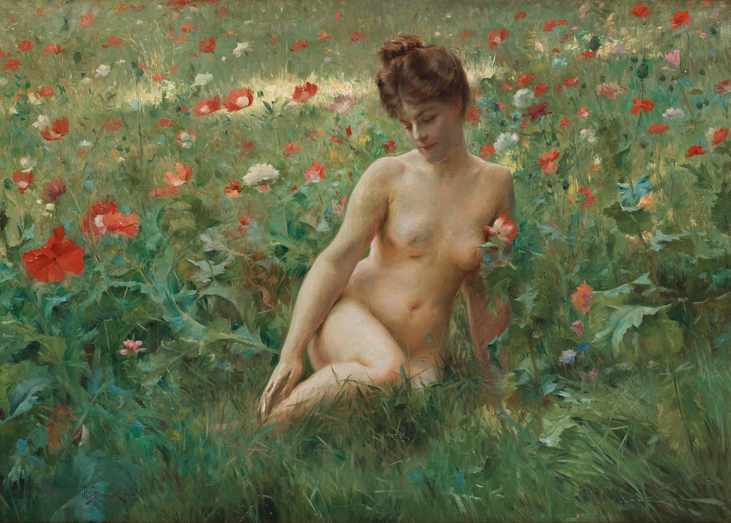 Poppy field with reclining nude by Julius Le Blanc Stewart