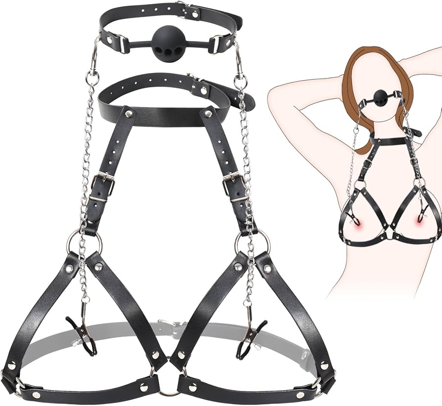 Sex Bondage Leather Breast Restraints 3 in 1 BDSM Kit B to D Cup Chest Harness Silicone Ball Gag Nipple Clamps Fetish Kinky Lingerie Boobs Cincher Role Play Sex Toys for Women