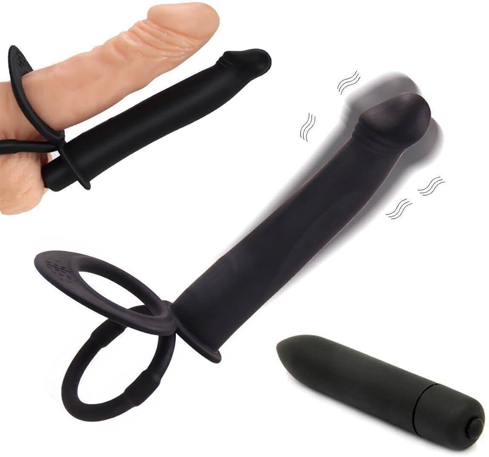 : Dual Penetration Vibrating Dildo with Penis Rings Strap-On Double Penetration Anal Sex Plug Dildo Vibrator with Cock Rings for Men Sex Enhance Butt Plug Strapon Anal Sex Toys for Couples Black :