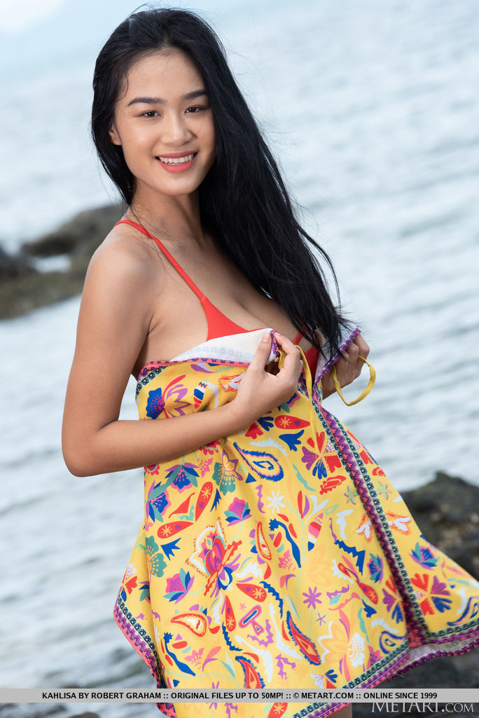 Busty Asian girl shows off her hairy pussy in the sea at Brdteengal