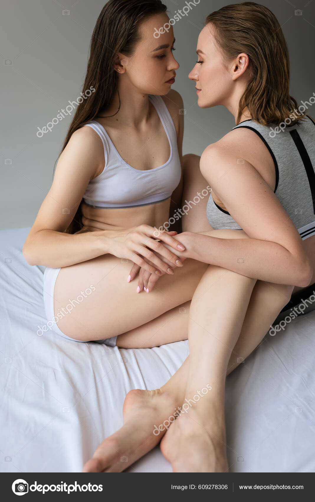 Young Sexy Lesbians Underwear Sitting Bed Touching Each Other Isolated Stock Photo AllaSerebrina 609278306