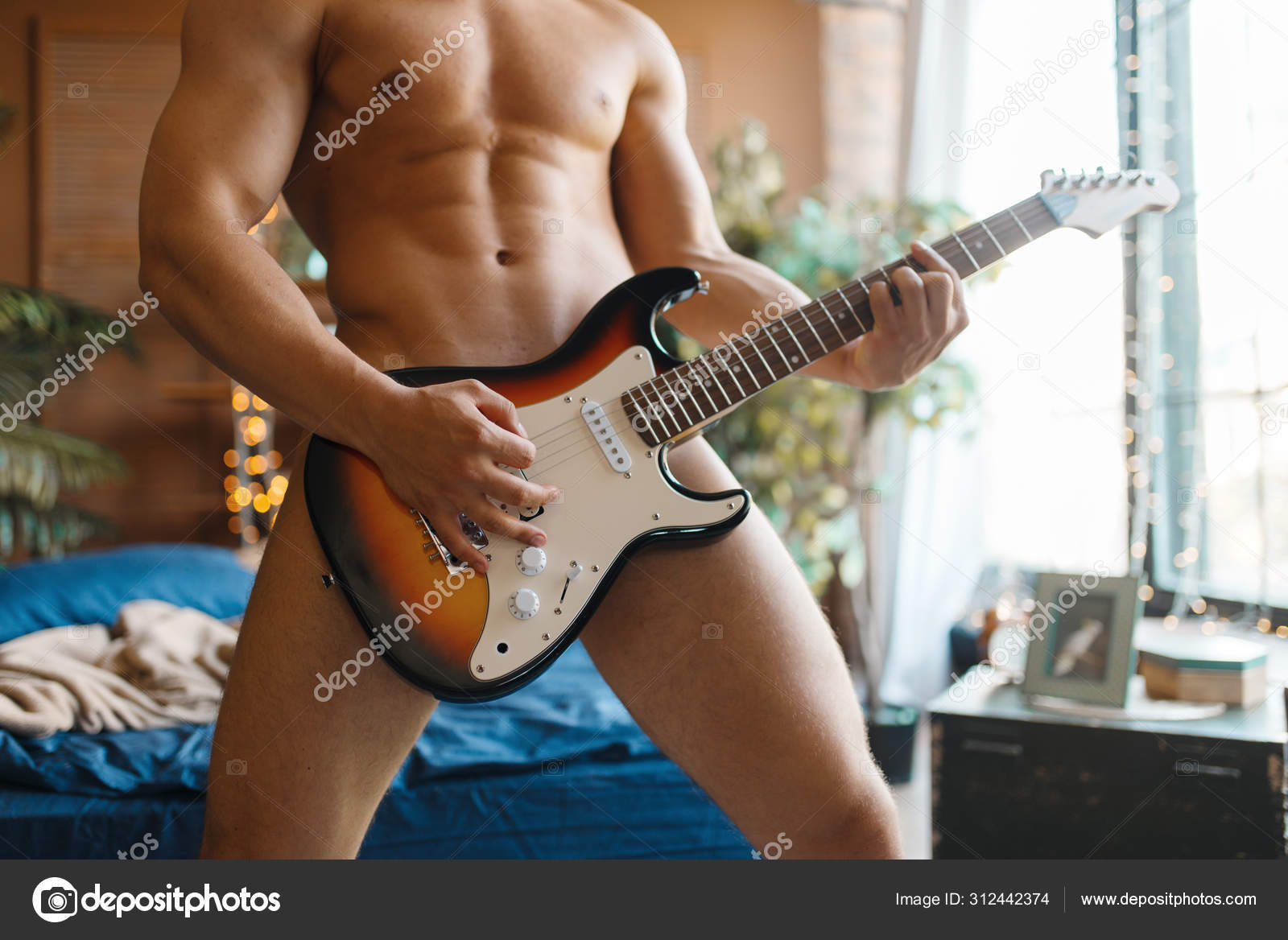 Naked Man Plays Electric Guitar Bedroom Nude Male Person Muscular Stock Photo Nomadsoul1 312442374