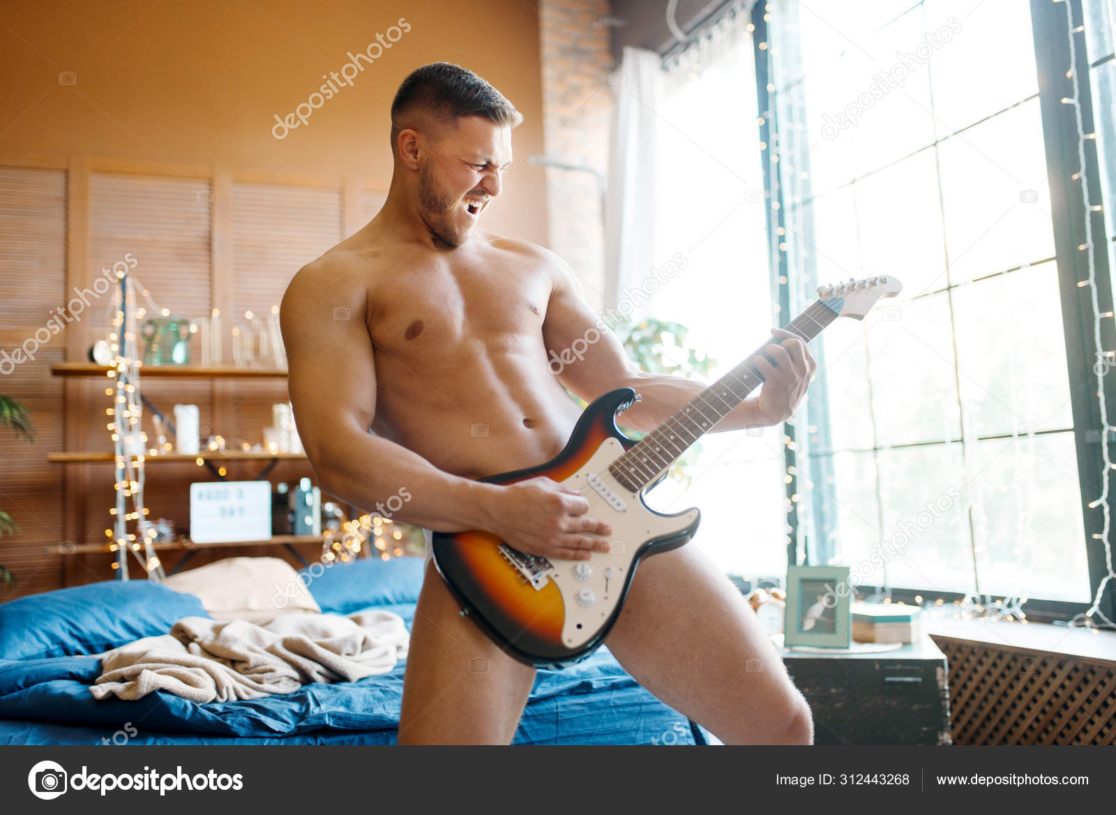 Naked Man Plays Electric Guitar Bedroom Nude Male Person Muscular Stock Photo Nomadsoul1 312443268