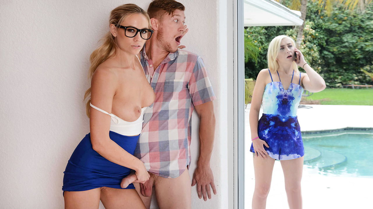 Blonde real estate agent with glasses fucks her client while his wife is inches away