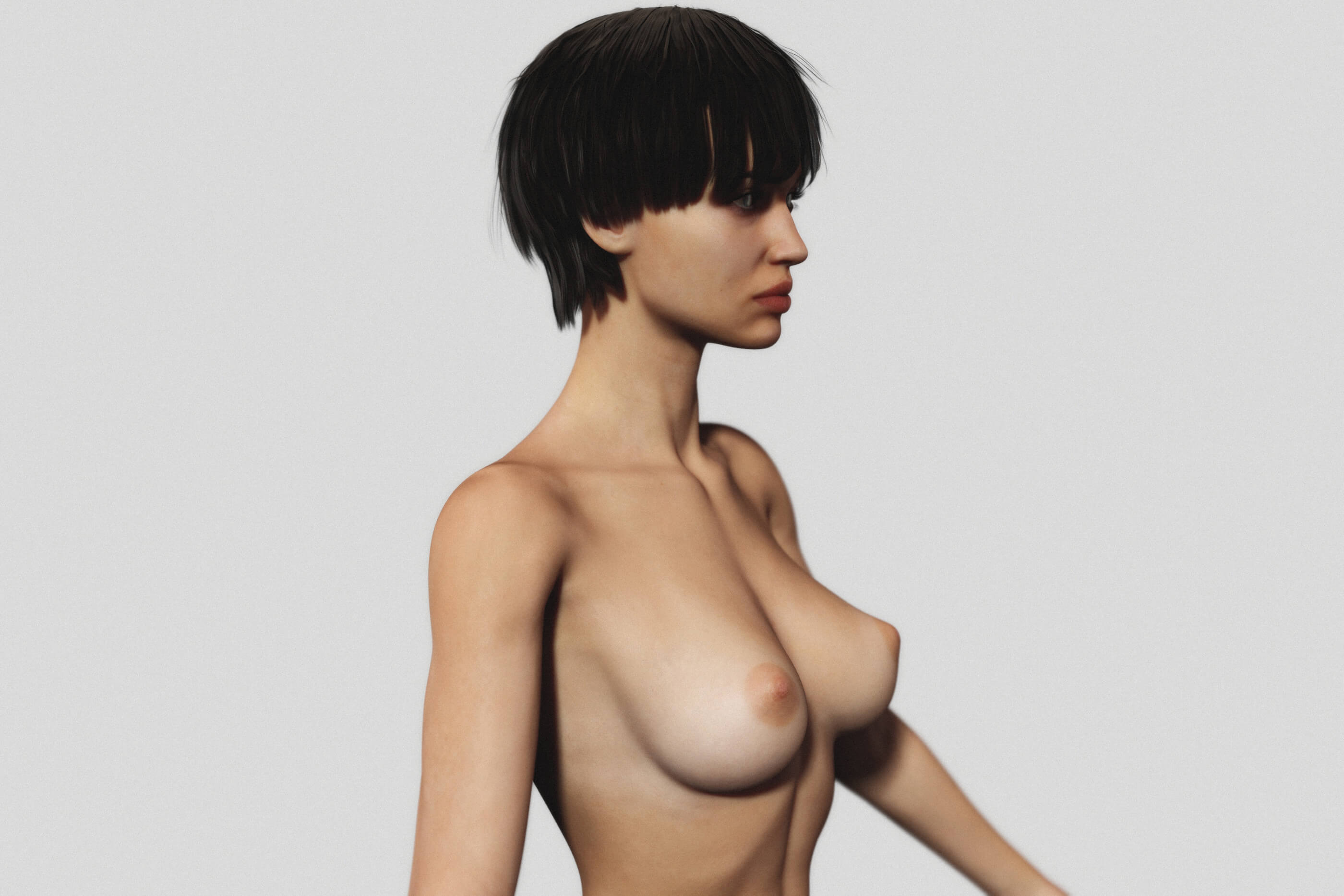 Nude Slim Brunette Woman With Tan Lines and Short Hair