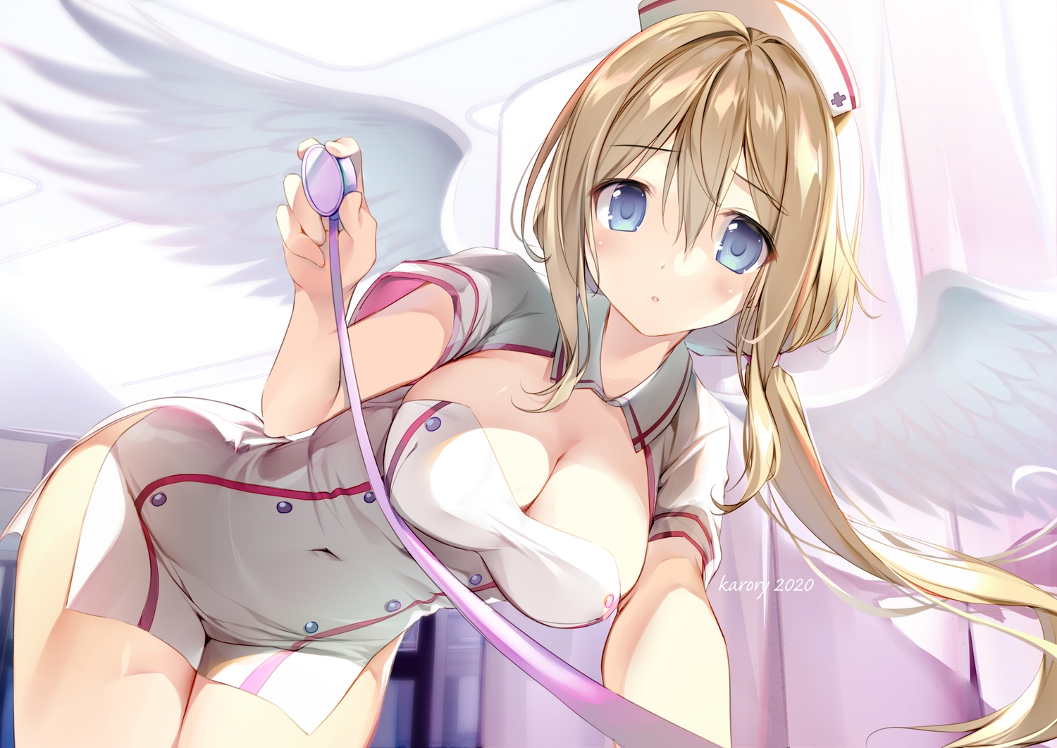 angel blonde hair blue eyes breasts cleavage karory nurse original watermark wings