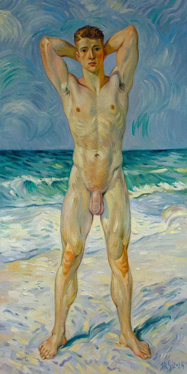 NUDE BOY ON THE BEACH Oil painting: Yaroslav Sobol