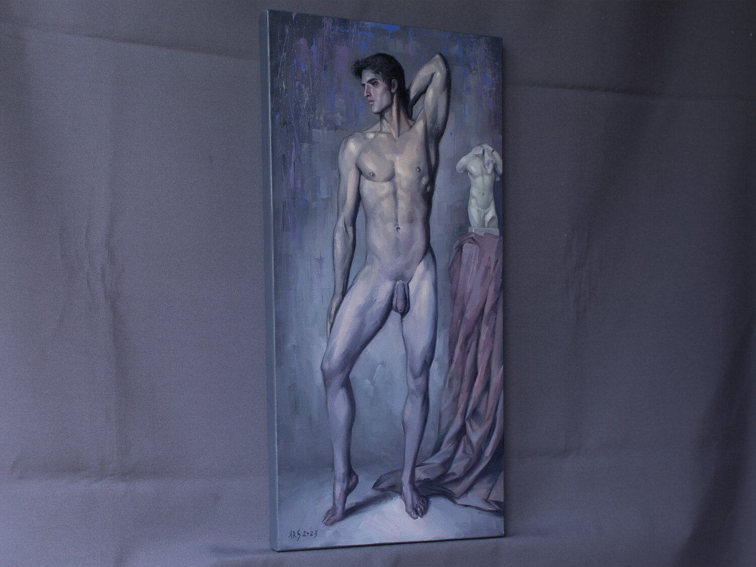 NUDE MALE MODEL by Yaroslav Sobol Original oil painting of a young handsome sitter in the artists studio Home Decor Wall Art for sale door Yaroslav Sobol 2023 : Schilderij Olie op