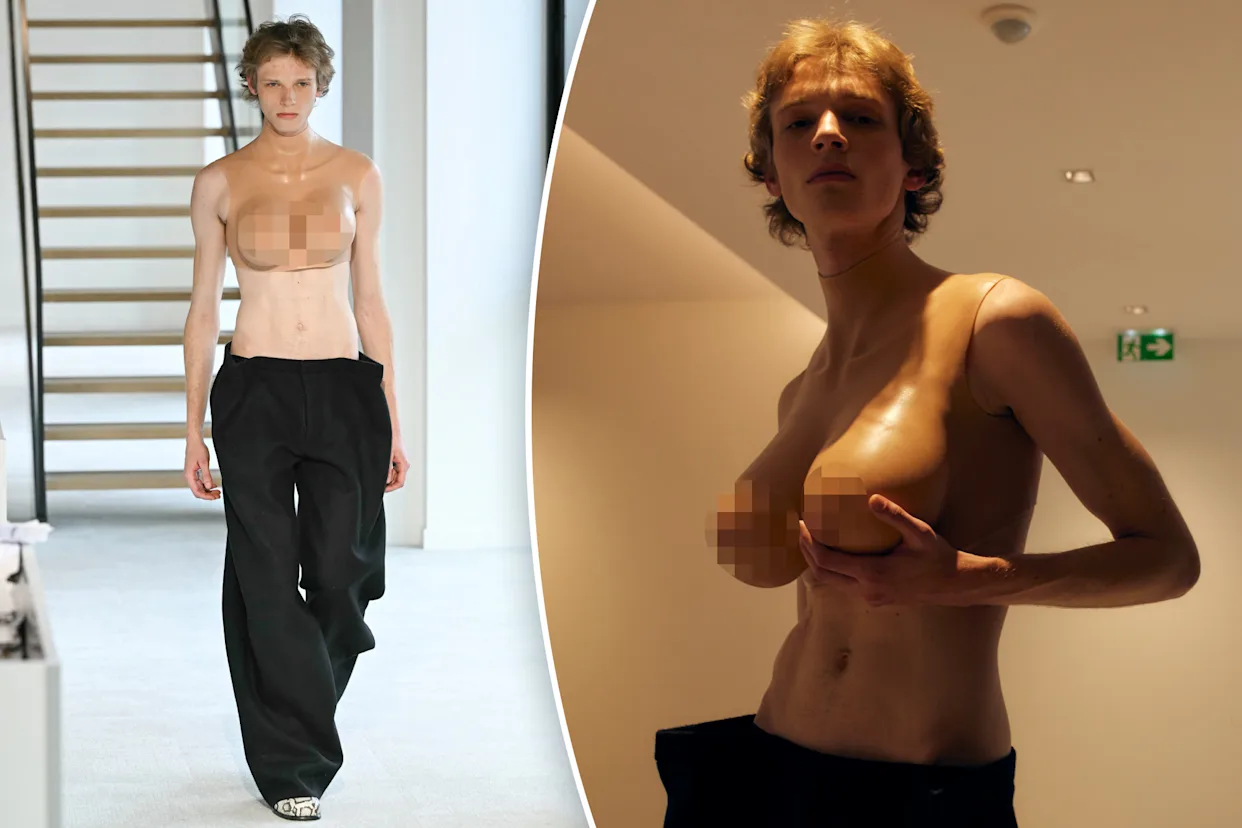 Naked look shocks Paris Fashion Week audiences with male model flaunting fake DD boobs: Public indecency