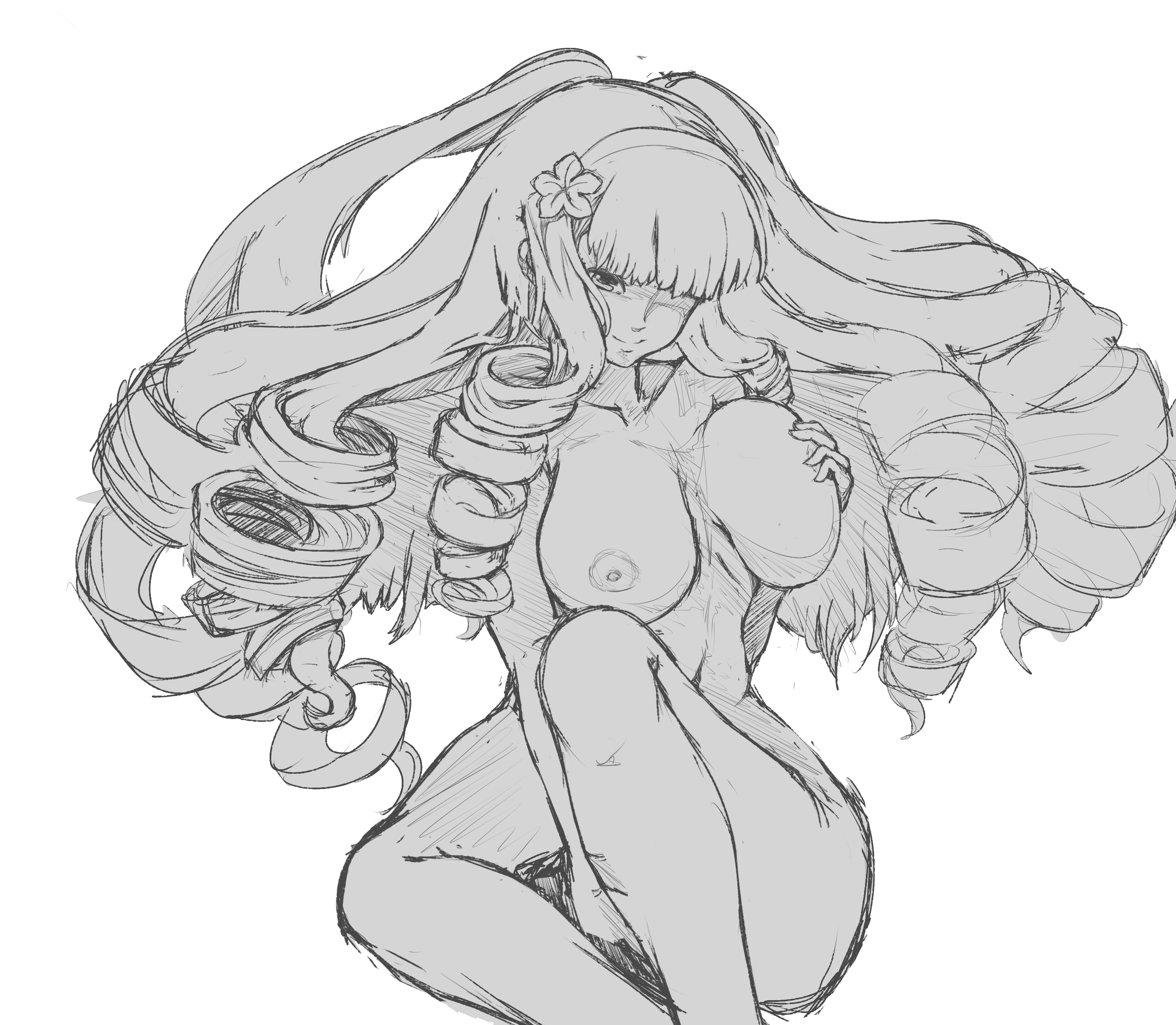 ginrei senran kagura senran kagura senran kagura new wave artist request highres 10s 1girl breasts female focus female masturbation large breasts long hair looking at viewer masturbation monochrome nipples nude sketch smile