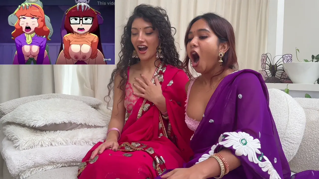 Petite desis MiaZ and Jasminx react to cartoon Mystery Bang