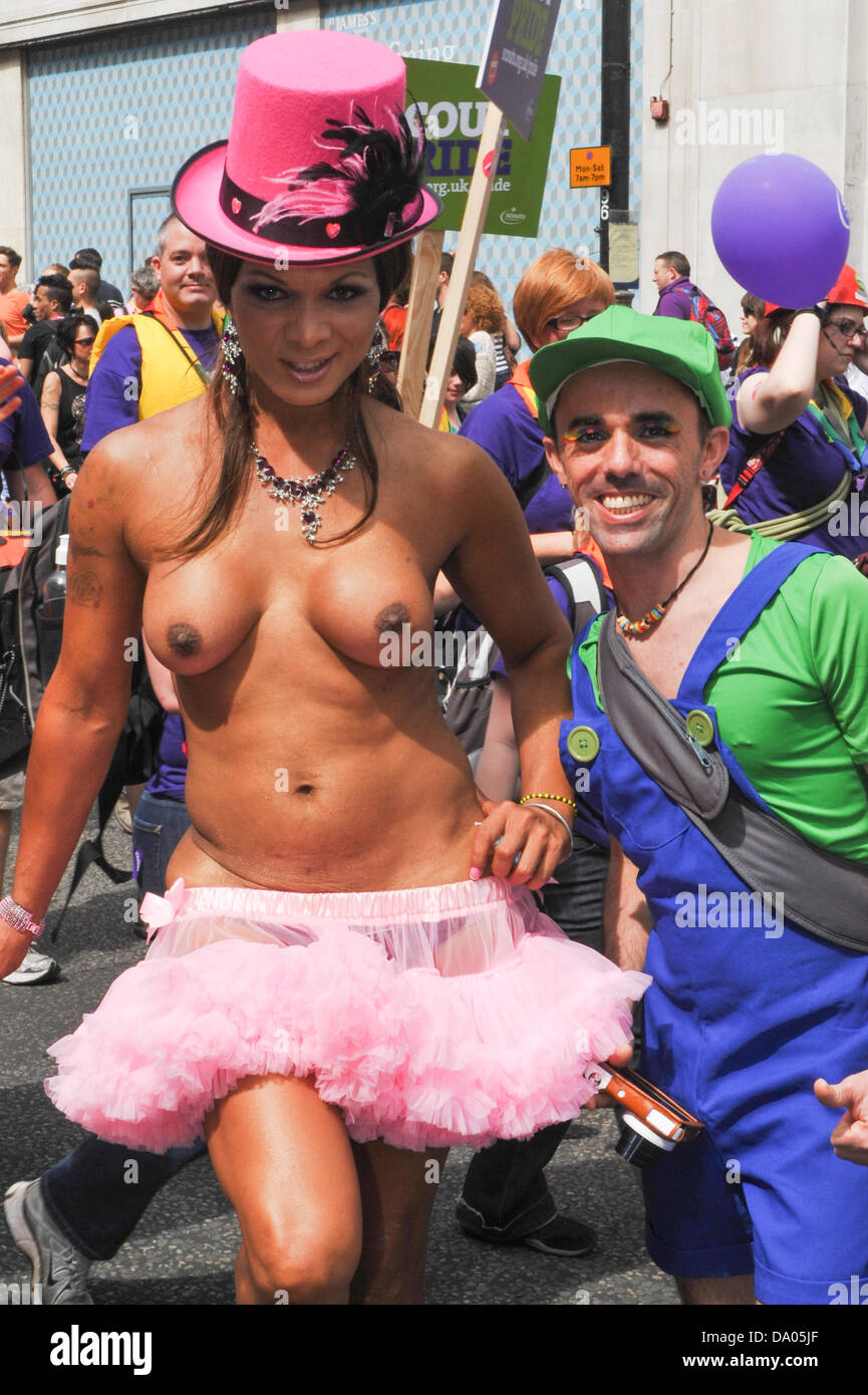 Regent Street London UK. 29th June 2013. A semi naked Transsexual in the London Pride Parade. Credit: Matthew ChattleAlamy Live News Stock Photo