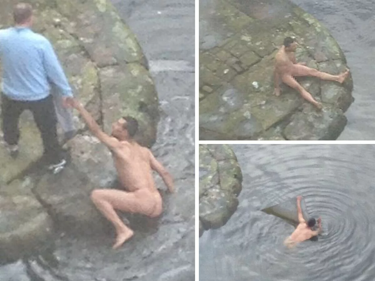 Pictured: Moment NAKED swimmer caught on camera while taking a dip in city centre canal