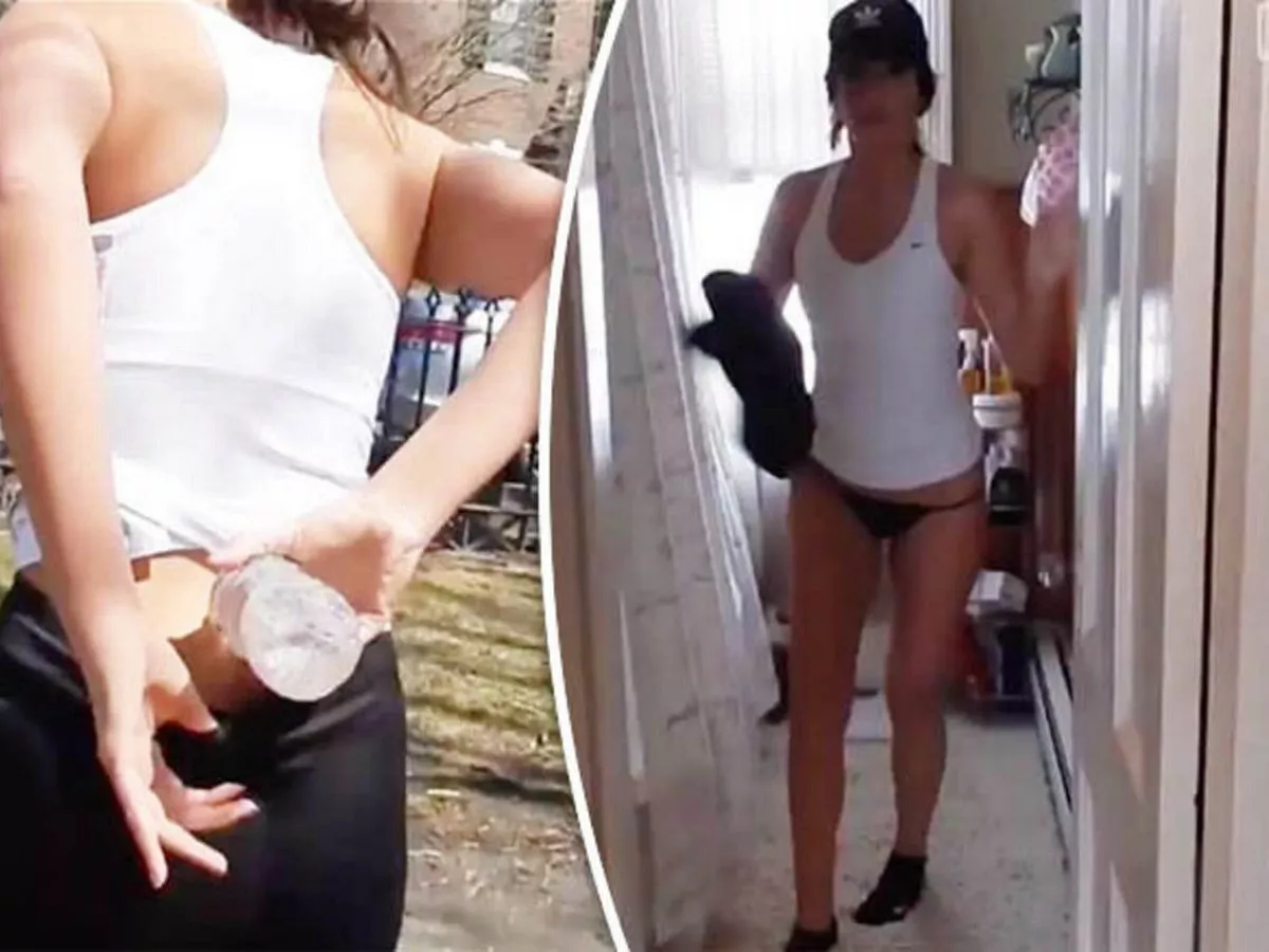 Sexy brunette drops trousers in public after cruel boyfriend pours pepper sauce onto thong