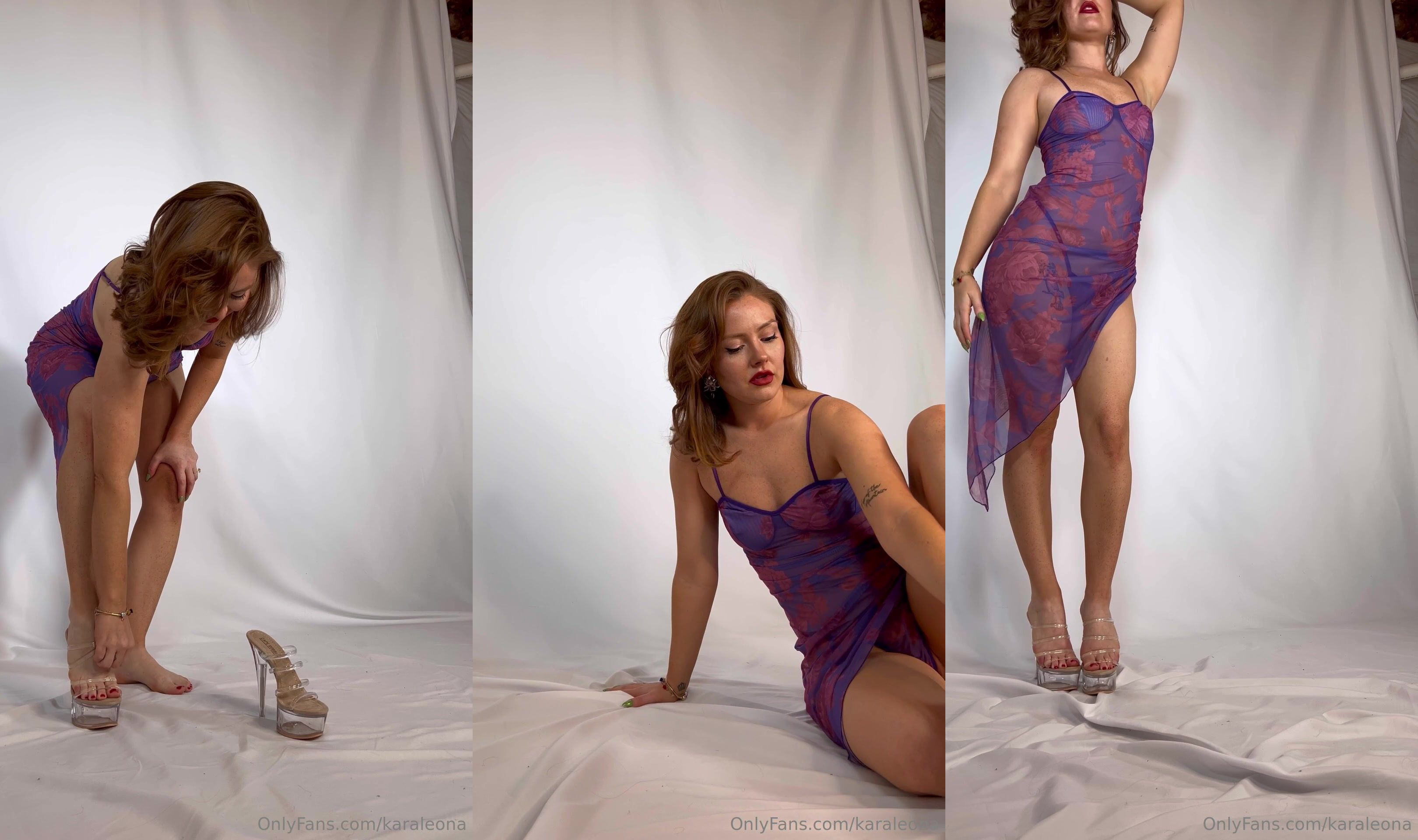 Karaleona teases in a sexy purple dress and heels in this seductive OnlyFans video