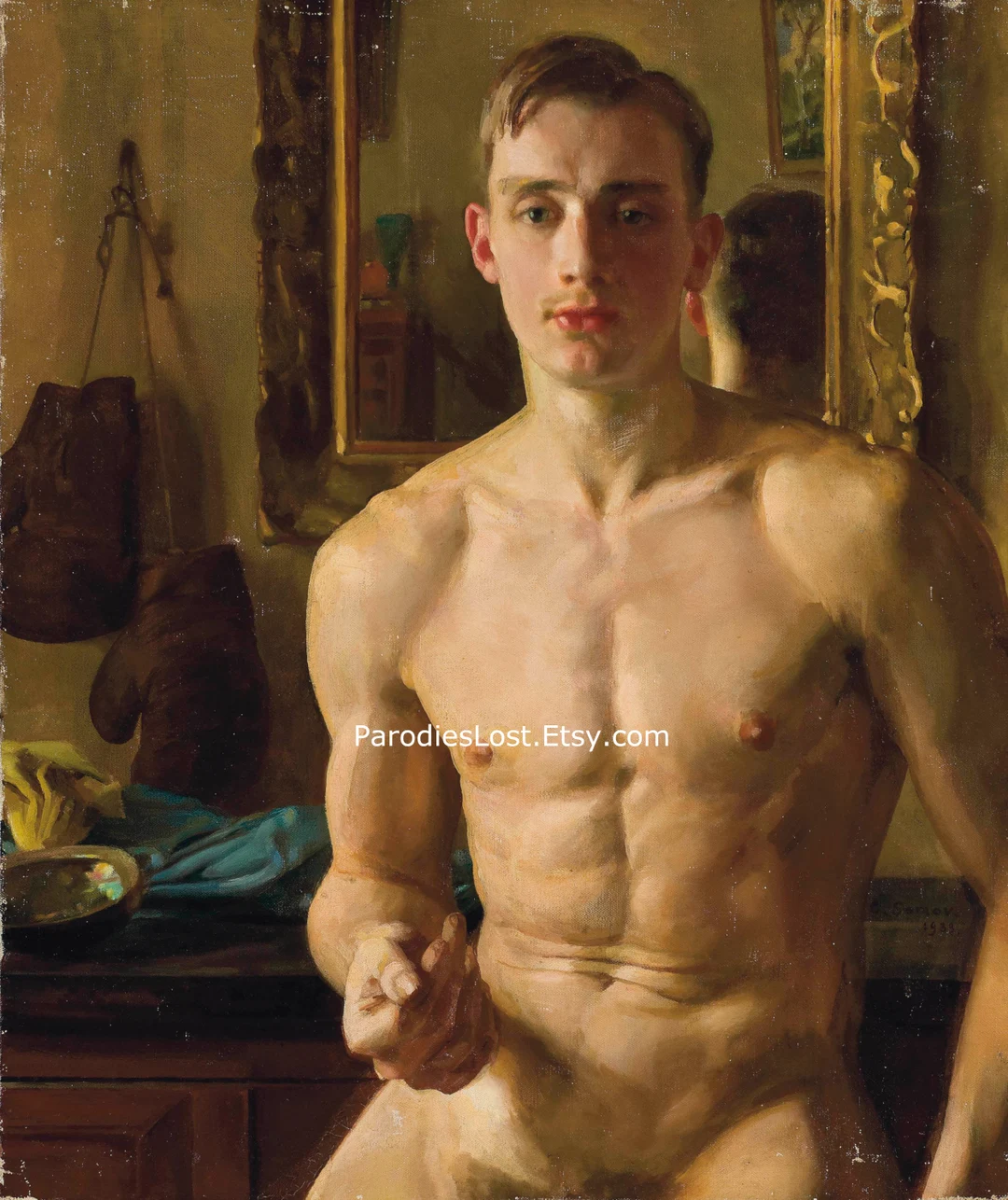 MANNELIJK NAAKT BOXER Konstantin Somov Print 19-20e-eeuwse olieschilder Rusland naakte naaktheid man kunst homo volwassen