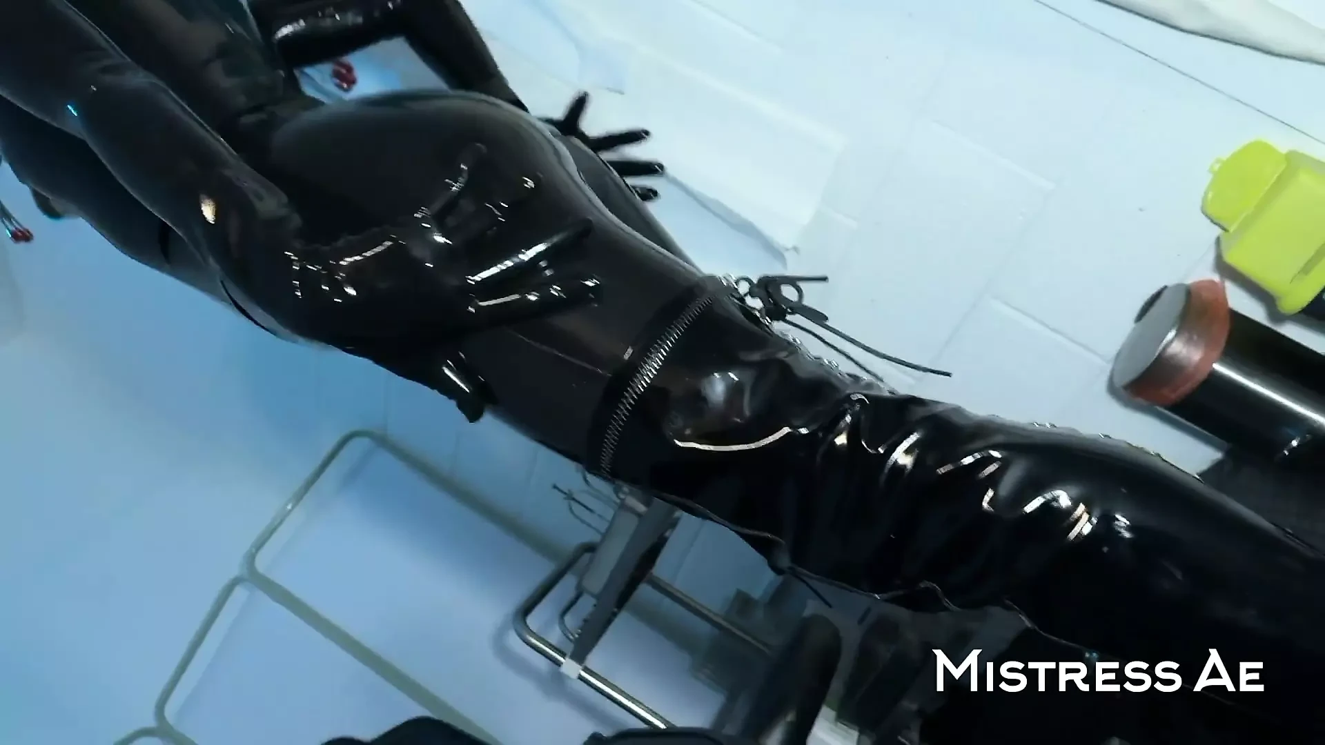 Solo 1 Showcasing Studio Black Latex Catsuit and Huge Red Cobra Strap-on