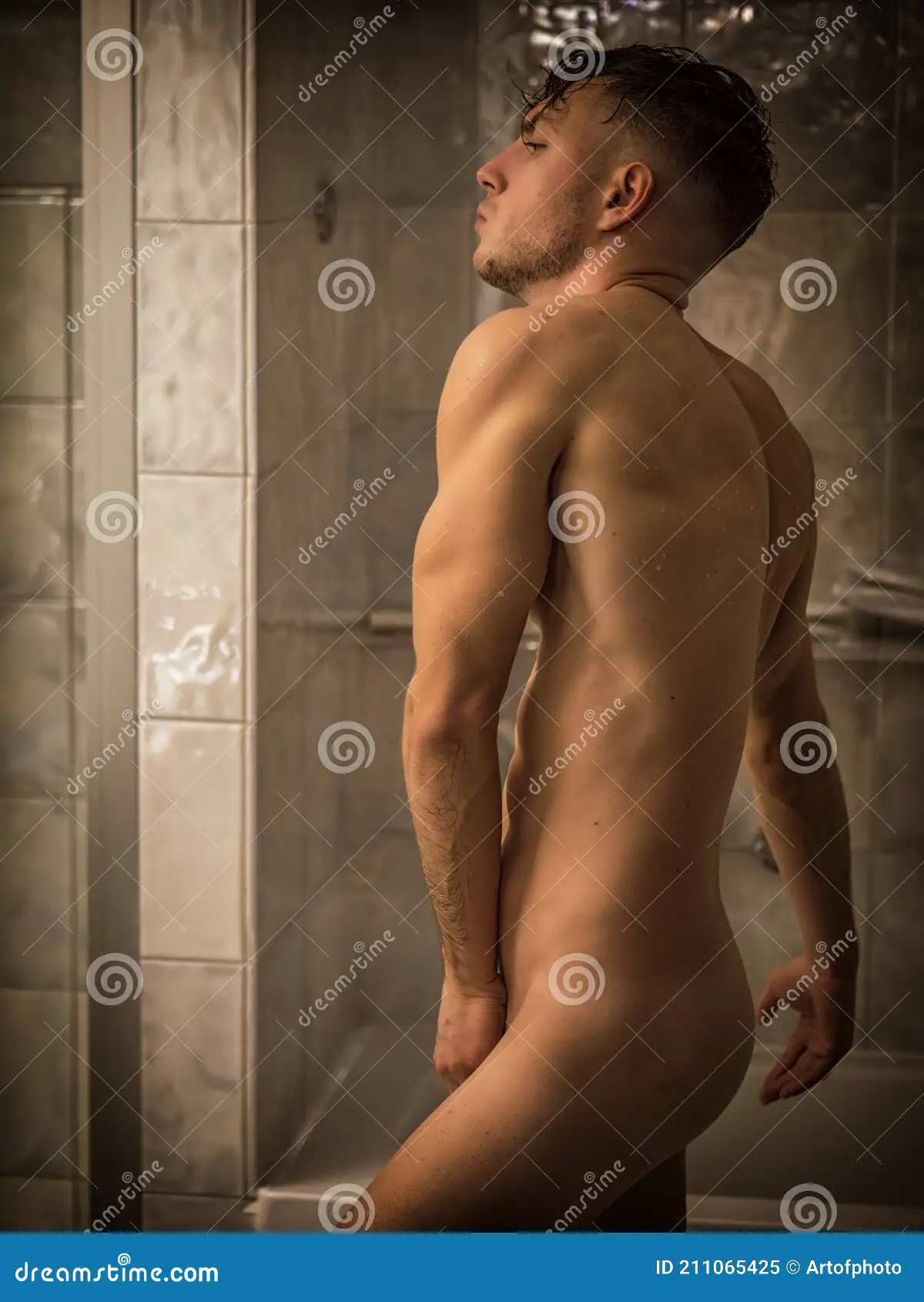 Naked Athletic Handsome Young Man Taking Shower Stock Image